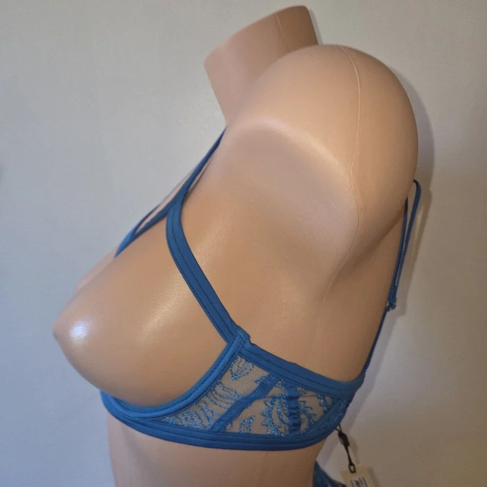 Cosabella Sardegna Embroidered Ouvert Bra & Garter Belt Set Paisley Blue NWT